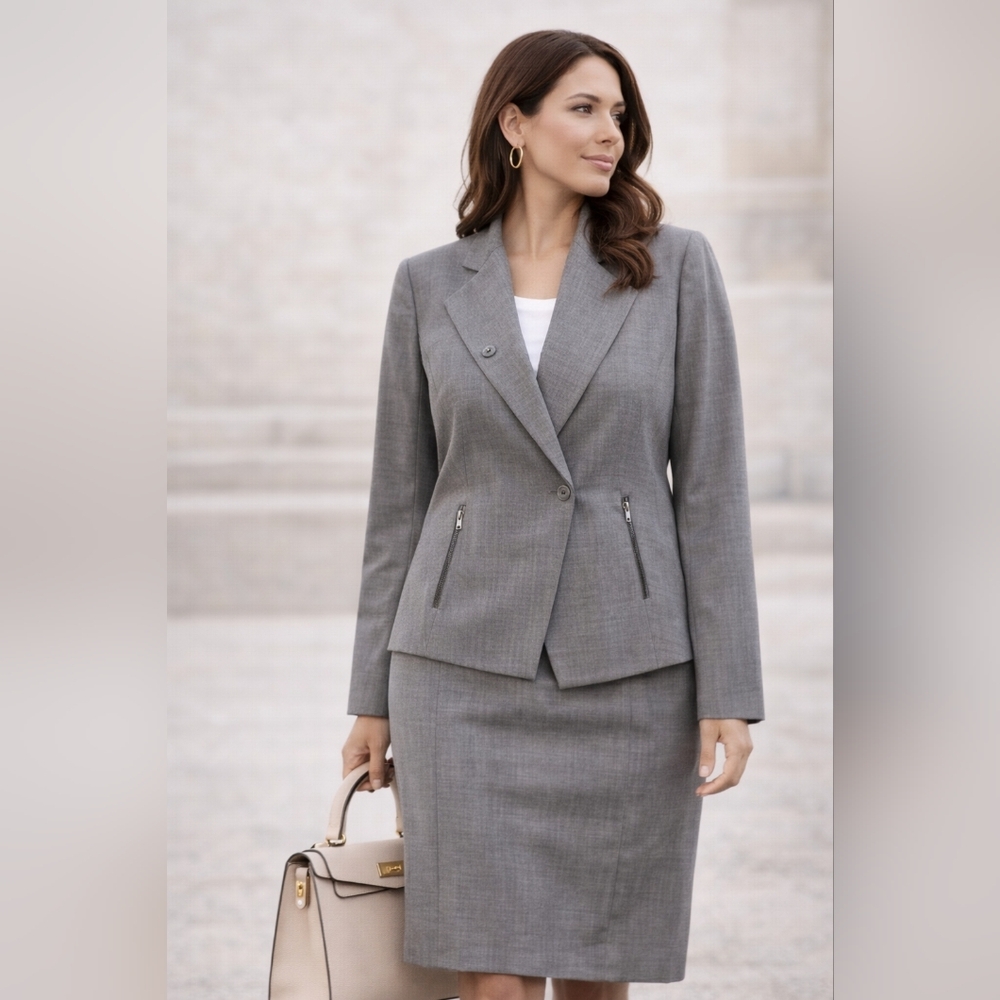 Ann Taylor Suit: Grey Blazer and Skirt Set. Size 14